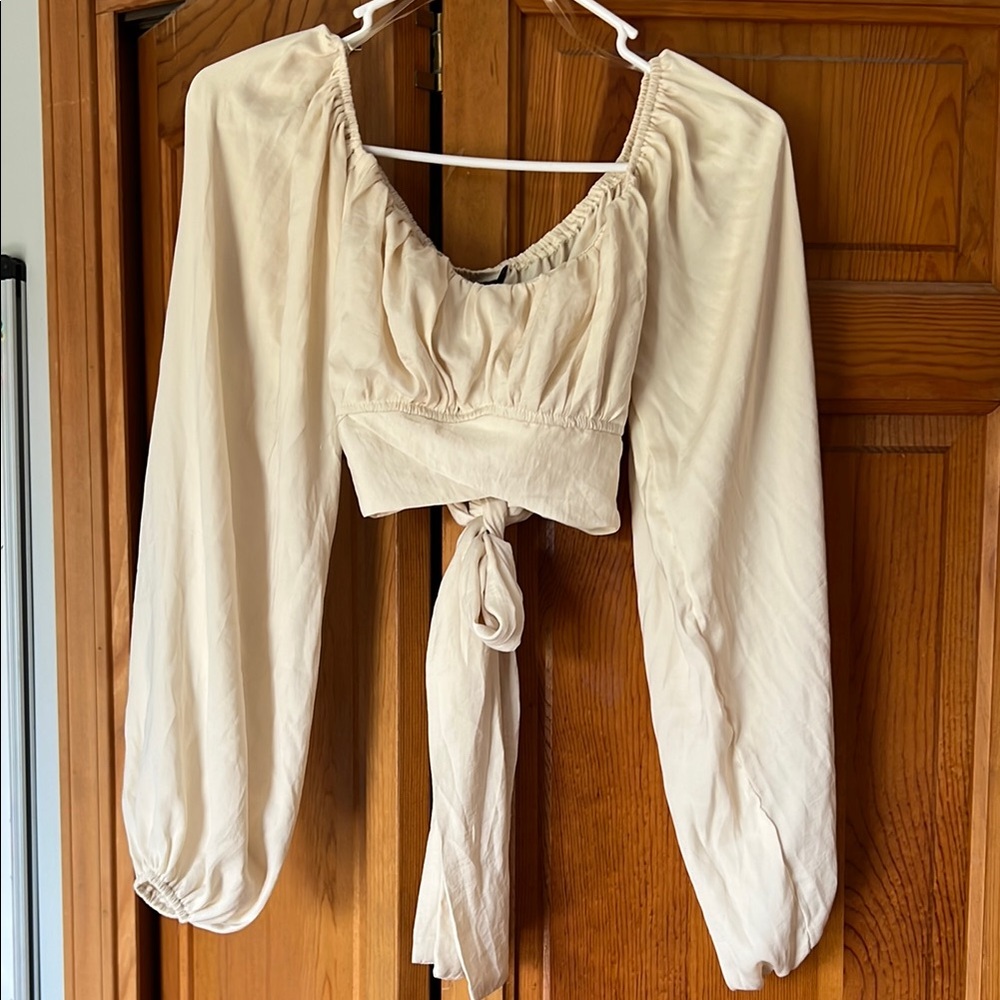 Windsor Cream Blouse with Puff Sleeves and Tie Front
